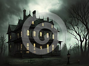 Haunted house. Old abandoned house in the night forest. Scary colonial cottage in mysterious forestland photo