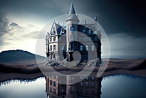 Haunted house old abandoned spooky castle on the lake island. Halloween and horror concept. Generative AI