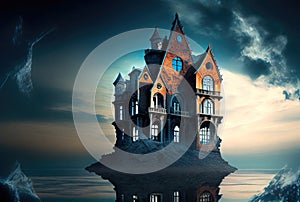 Haunted house old abandoned spooky castle on the lake island. Halloween and horror concept. Generative AI