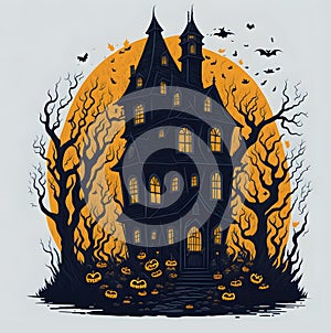 Haunted House with Pumpkins and Bats Illustration