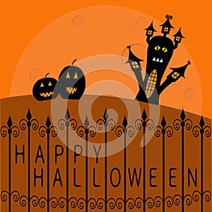 Haunted house, pumpkins and big moon. Wrought iron fence. Happy Halloween card. Flat design. Orange background.