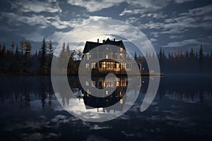 Haunted House Reflection in Lake Reflection of a