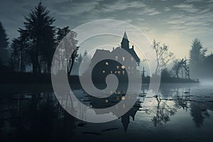 Haunted House Reflection in Lake Reflection of a