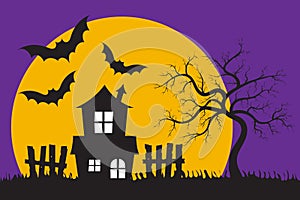 Haunted house silhouette in front of the big moon and the purple sky with bats