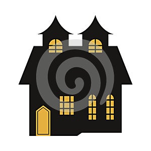 Haunted house vector design on a white background. Halloween haunted house silhouette design with yellow color shade. Design for