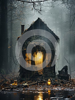 a haunted house in the woods at night