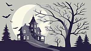 Haunted house in woods. Spooky and Halloween theme. vector design Generative AI photo