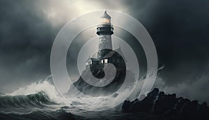 Haunted lighthouse in a stormy ocean on a tiny island. Generative AI