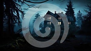 Haunted mansion covered with fog, night scene. Creepy house covered with vines. Halloween concept. Generative AI