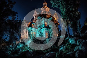 Haunted mansion, mountain, gothic, scary, night time, glow in the windows.