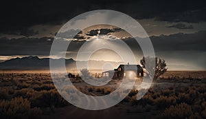 Haunted paranormal ranch and golden moonlight shining from the sky. Generative AI