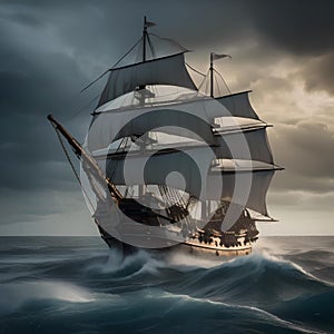 Haunted pirate ship, Ghostly pirate ship sailing through stormy seas with tattered sails and ghostly crew1