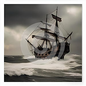 Haunted pirate ship, Ghostly pirate ship sailing through stormy seas with tattered sails and ghostly crew2