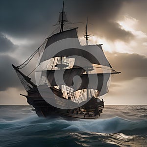 Haunted pirate ship, Ghostly pirate ship sailing through stormy seas with tattered sails and ghostly crew3