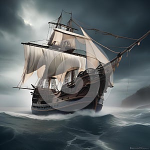 Haunted pirate ship, Ghostly pirate ship sailing through stormy seas with tattered sails and ghostly crew3