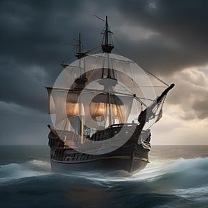 Haunted pirate ship, Ghostly pirate ship sailing through stormy seas with tattered sails and ghostly crew4