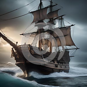 Haunted pirate ship, Ghostly pirate ship sailing through stormy seas with tattered sails and ghostly crew5