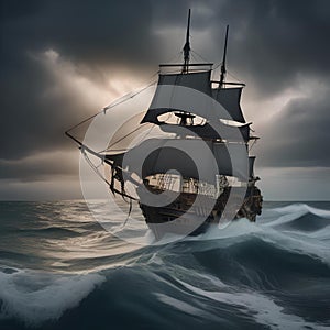 Haunted pirate ship, Ghostly pirate ship sailing through stormy seas with tattered sails and skeletal crew1