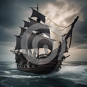 Haunted pirate ship, Ghostly pirate ship sailing through stormy seas with tattered sails and skeletal crew2