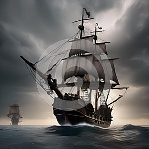 Haunted pirate ship, Ghostly pirate ship sailing through stormy seas with tattered sails and skeletal crew2