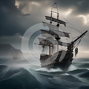 Haunted pirate ship, Ghostly pirate ship sailing through stormy seas with tattered sails and skeletal crew3