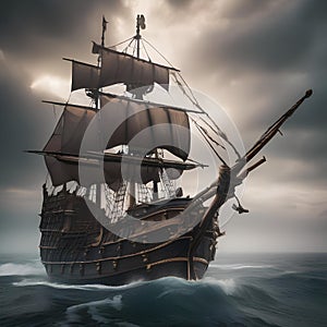 Haunted pirate ship, Ghostly pirate ship sailing through stormy seas with tattered sails and skeletal crew4