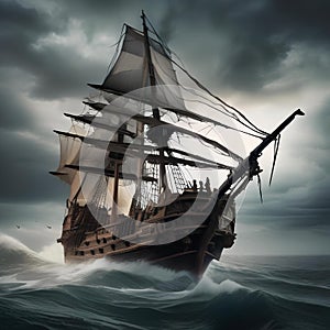 Haunted pirate ship, Ghostly pirate ship sailing through stormy seas with tattered sails and skeletal crew4