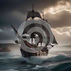 Haunted pirate ship, Ghostly pirate ship sailing through stormy seas with tattered sails and skeletal crew5