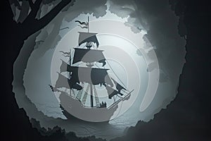 A haunted pirate ship sailing on a mysterious and foggy sea Ghostly ship