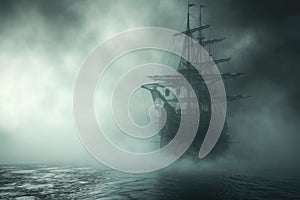 A haunted pirate ship sailing on a mysterious and foggy sea Ghostly ship