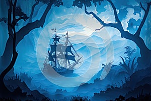 A haunted pirate ship sailing on a mysterious and foggy sea Ghostly ship