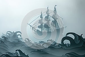 A haunted pirate ship sailing on a mysterious and foggy sea Ghostly ship