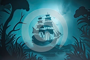 A haunted pirate ship sailing on a mysterious and foggy sea Ghostly ship