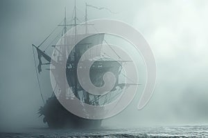 A haunted pirate ship sailing on a mysterious and foggy sea Ghostly ship