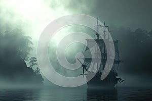 A haunted pirate ship sailing on a mysterious and foggy sea Ghostly ship