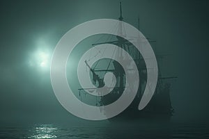 A haunted pirate ship sailing on a mysterious and foggy sea Ghostly ship