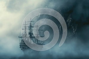 A haunted pirate ship sailing on a mysterious and foggy sea Ghostly ship