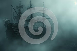 A haunted pirate ship sailing on a mysterious and foggy sea Ghostly ship