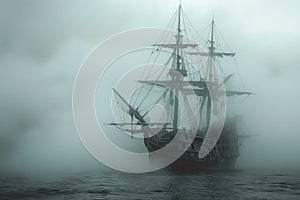 A haunted pirate ship sailing on a mysterious and foggy sea Ghostly ship