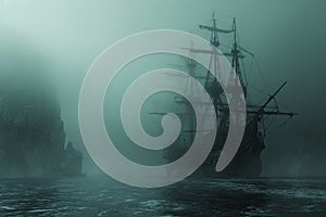 A haunted pirate ship sailing on a mysterious and foggy sea Ghostly ship