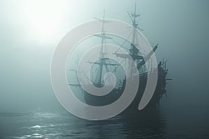 A haunted pirate ship sailing on a mysterious and foggy sea Ghostly ship