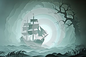 A haunted pirate ship sailing on a mysterious and foggy sea Ghostly ship