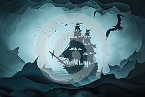 A haunted pirate ship sailing on a mysterious and foggy sea Ghostly ship