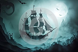 A haunted pirate ship sailing on a mysterious and foggy sea Ghostly ship