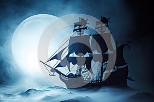 A haunted pirate ship sailing on a mysterious and foggy sea Ghostly ship