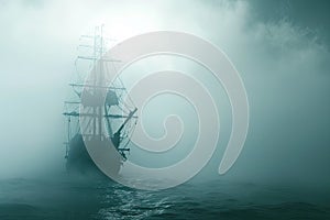 A haunted pirate ship sailing on a mysterious and foggy sea Ghostly ship