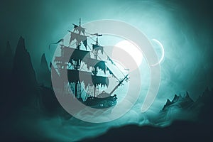 A haunted pirate ship sailing on a mysterious and foggy sea Ghostly ship