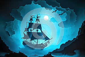 A haunted pirate ship sailing on a mysterious and foggy sea Ghostly ship