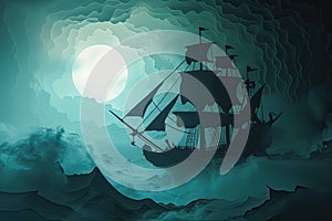 A haunted pirate ship sailing on a mysterious and foggy sea Ghostly ship