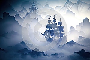 A haunted pirate ship sailing on a mysterious and foggy sea Ghostly ship